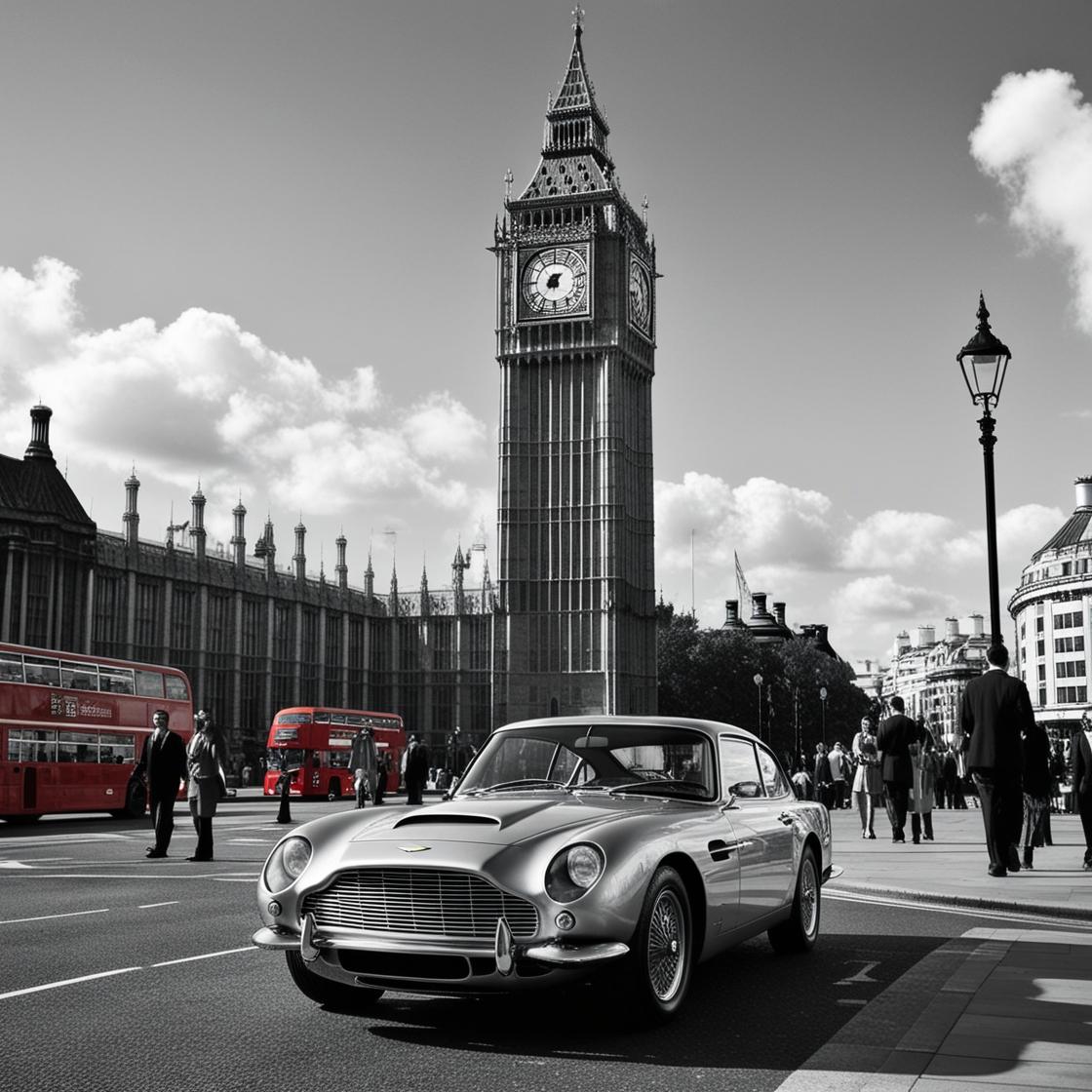 big ben met rijdende klassieke auto zwart-wit